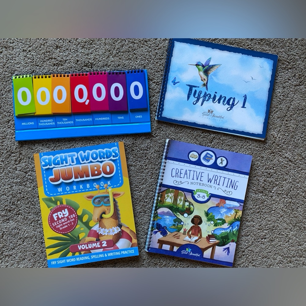 School workbooks, sight words, creative writing, typing one, Place value chart!